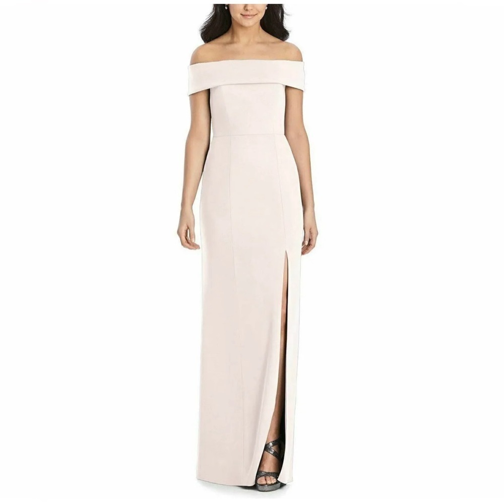 Dessy Collection Off Shoulder Crepe Bridesmaid Dress in size 0 color blush.